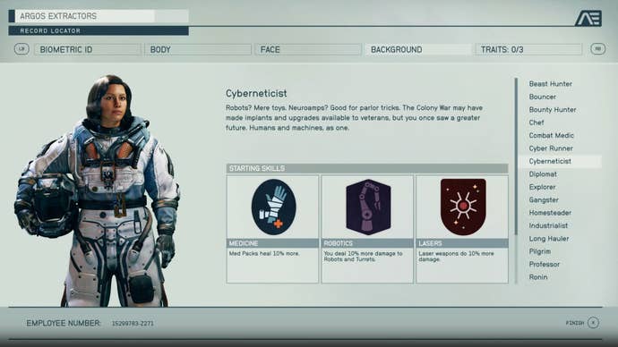 The Cyberneticist character from Starfield stands next to a listing of key skills and a blurb about their background.