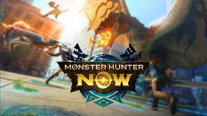 A blurred piece of key art from Monster Hunter Now (two players and a big dragon in an urban setting) behind a sharp version of the game's logo saying Monster Hunter Now.